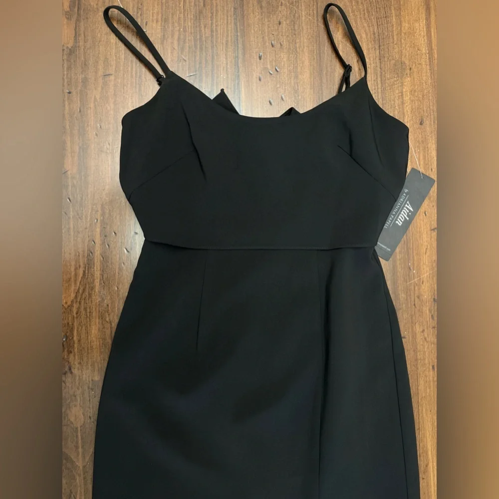 Aidan Adrianna Papell Crepe Popover Midi Black Fringe Hem Sheath Dress 2 LBD NWT - Picture 7 of 16